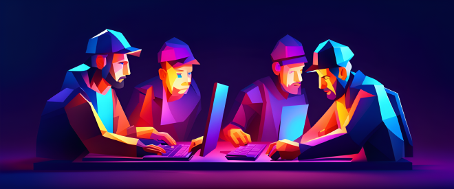 Engineers working together by nightlight